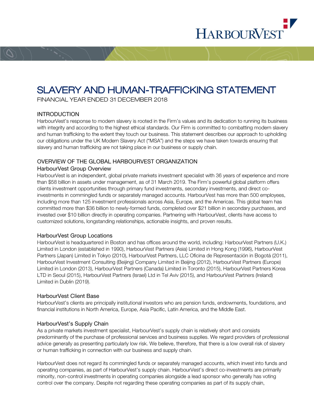 Slavery and Human-Trafficking Statement Financial Year Ended 31 December 2018