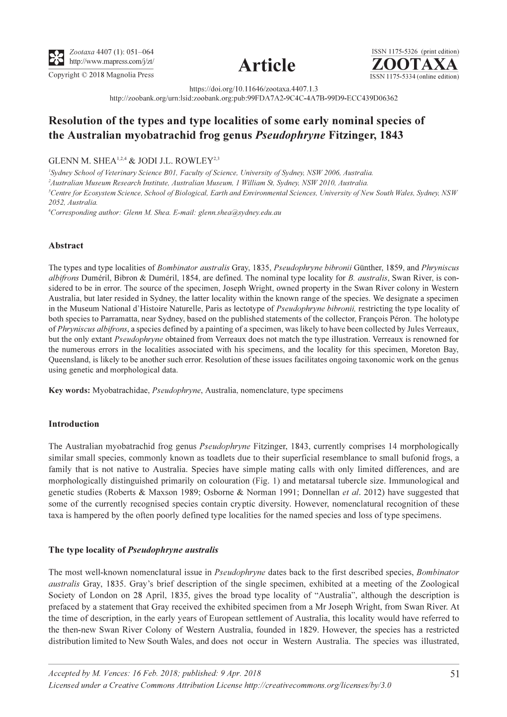 Resolution of the Types and Type Localities of Some Early Nominal Species of the Australian Myobatrachid Frog Genus Pseudophryne Fitzinger, 1843