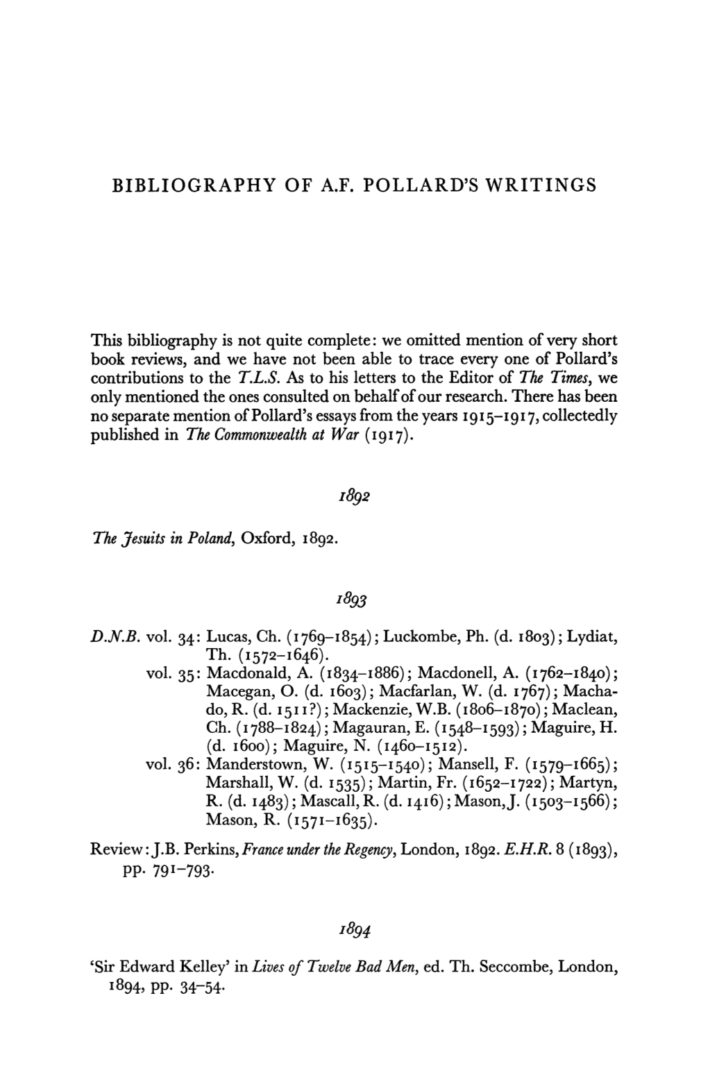 Bibliography of A.F. Pollard's Writings
