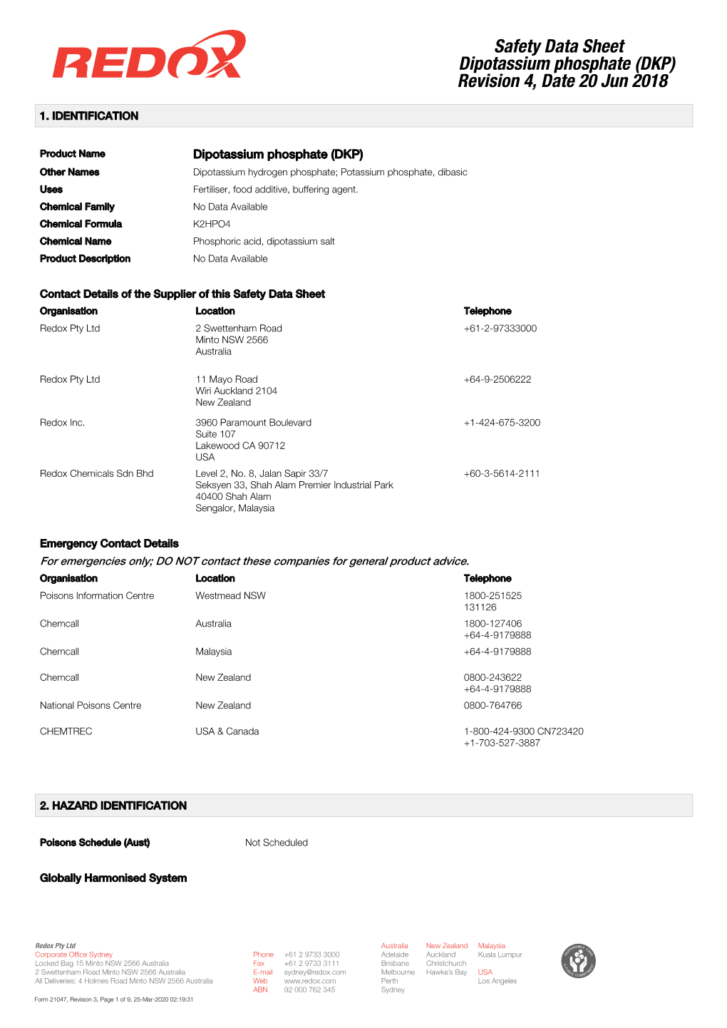 Redox Pty Ltd 2 Swettenham Road +61-2-97333000 Minto NSW 2566 Australia