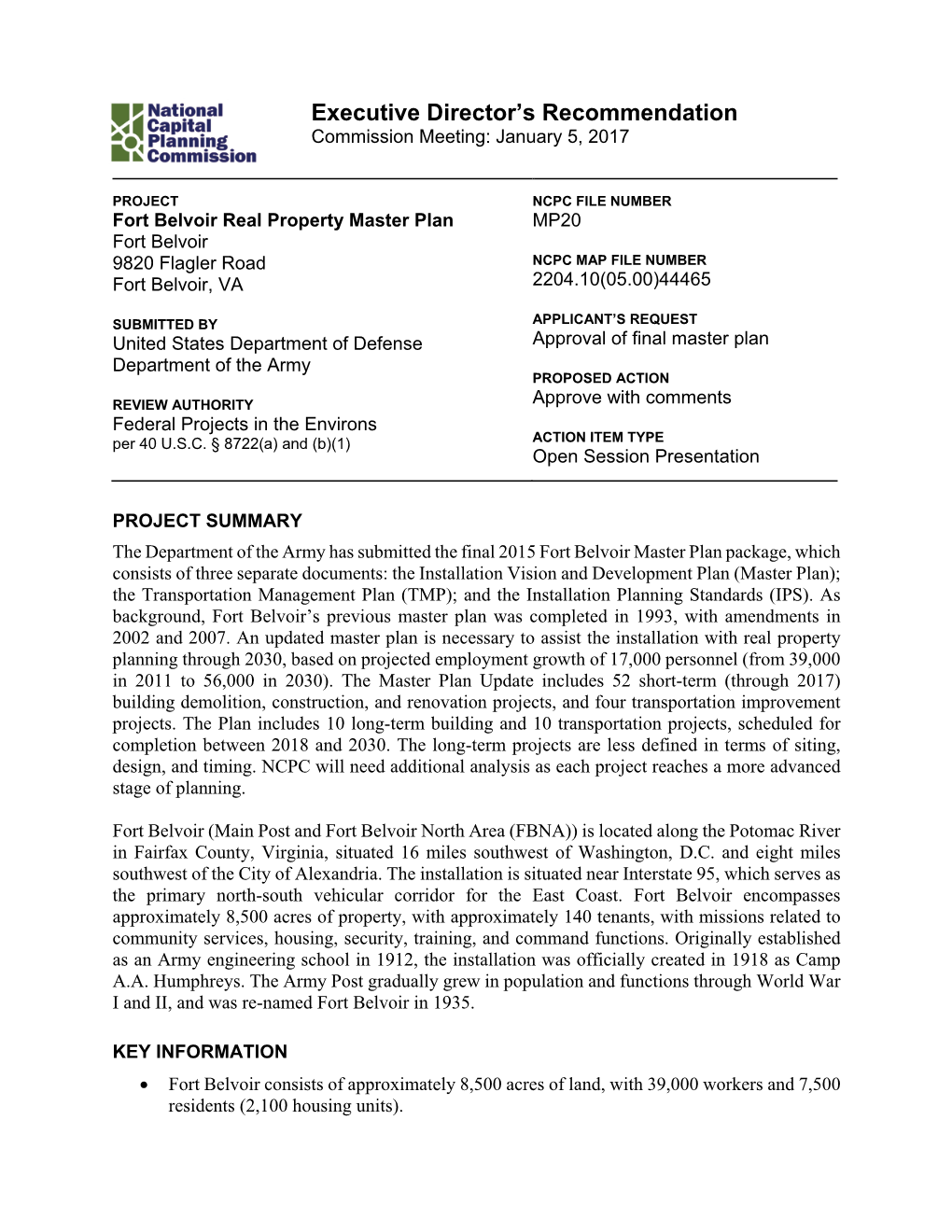 Fort Belvoir Real Property Master Plan MP20 Fort Belvoir 9820 Flagler Road NCPC MAP FILE NUMBER Fort Belvoir, VA 2204.10(05.00)44465