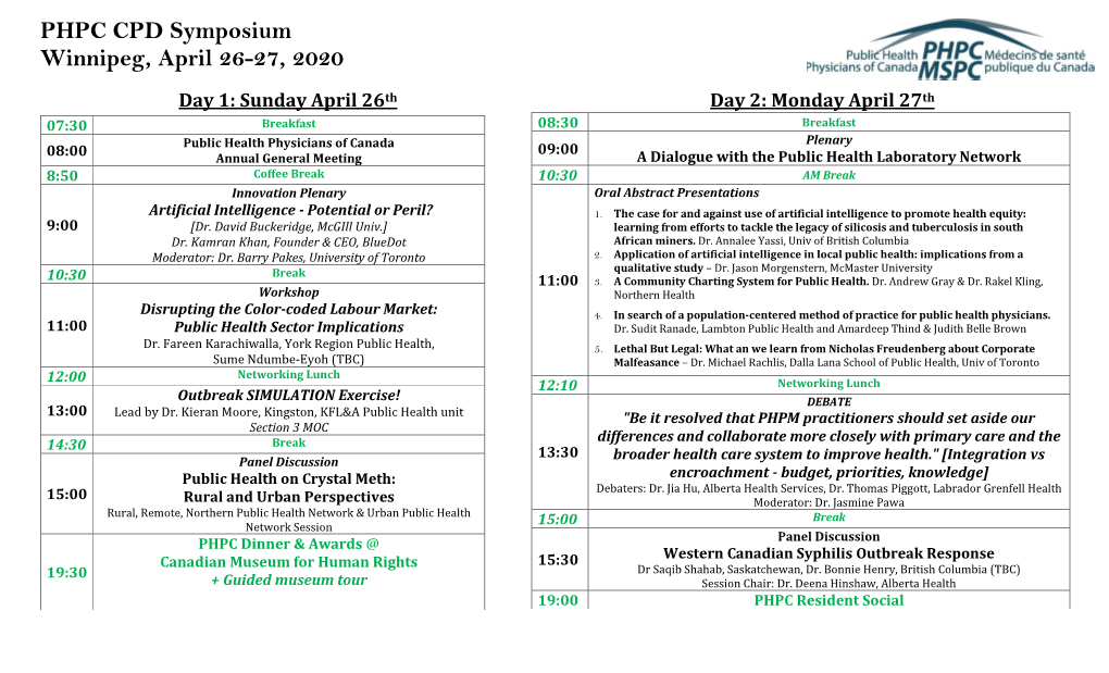 PHPC CPD Symposium Winnipeg, April 26-27, 2020