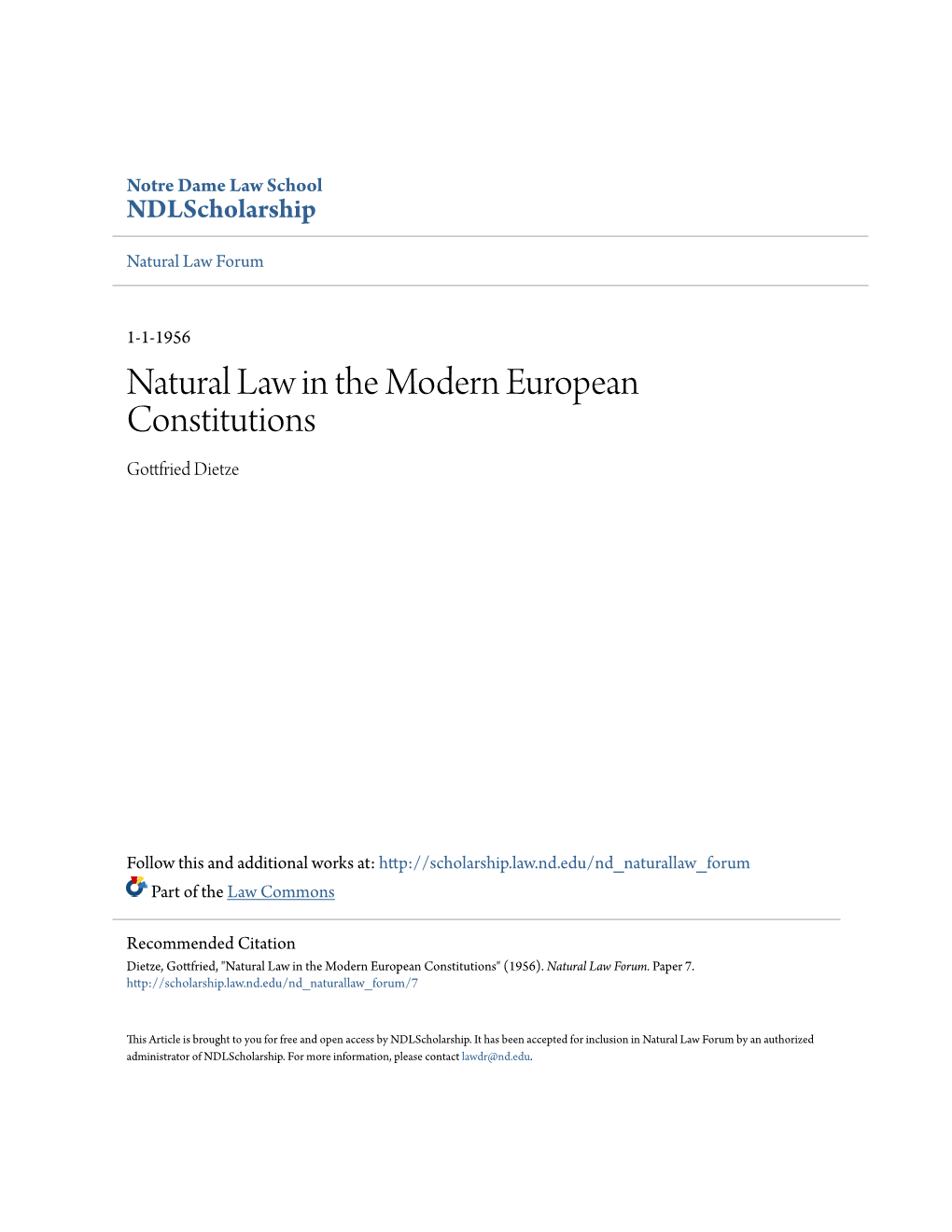 Natural Law in the Modern European Constitutions Gottfried Dietze