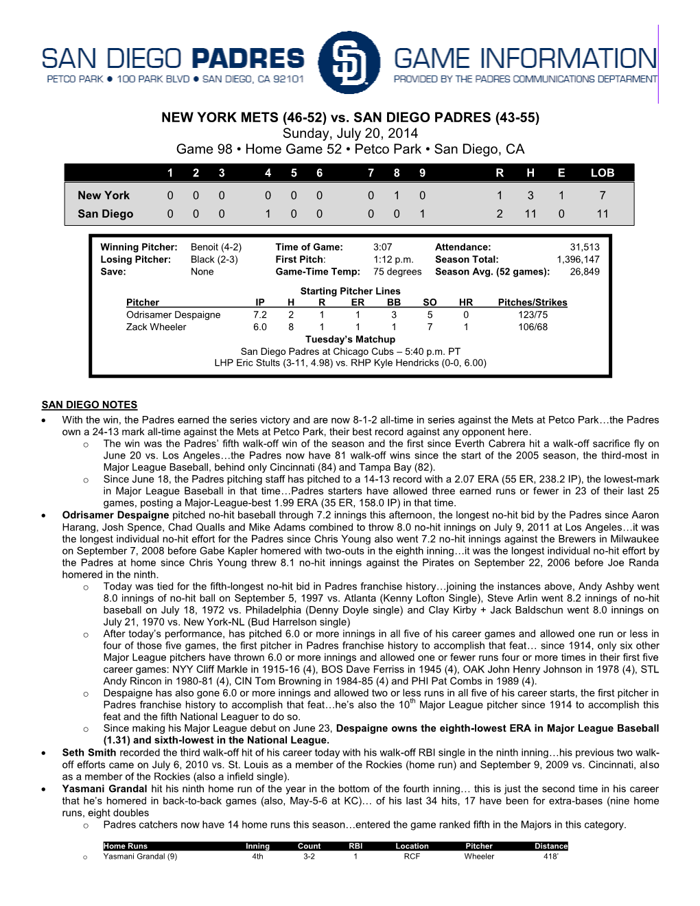 NEW YORK METS (46-52) Vs. SAN DIEGO PADRES (43-55) Sunday, July 20, 2014 Game 98 • Home Game 52 • Petco Park • San Diego, CA