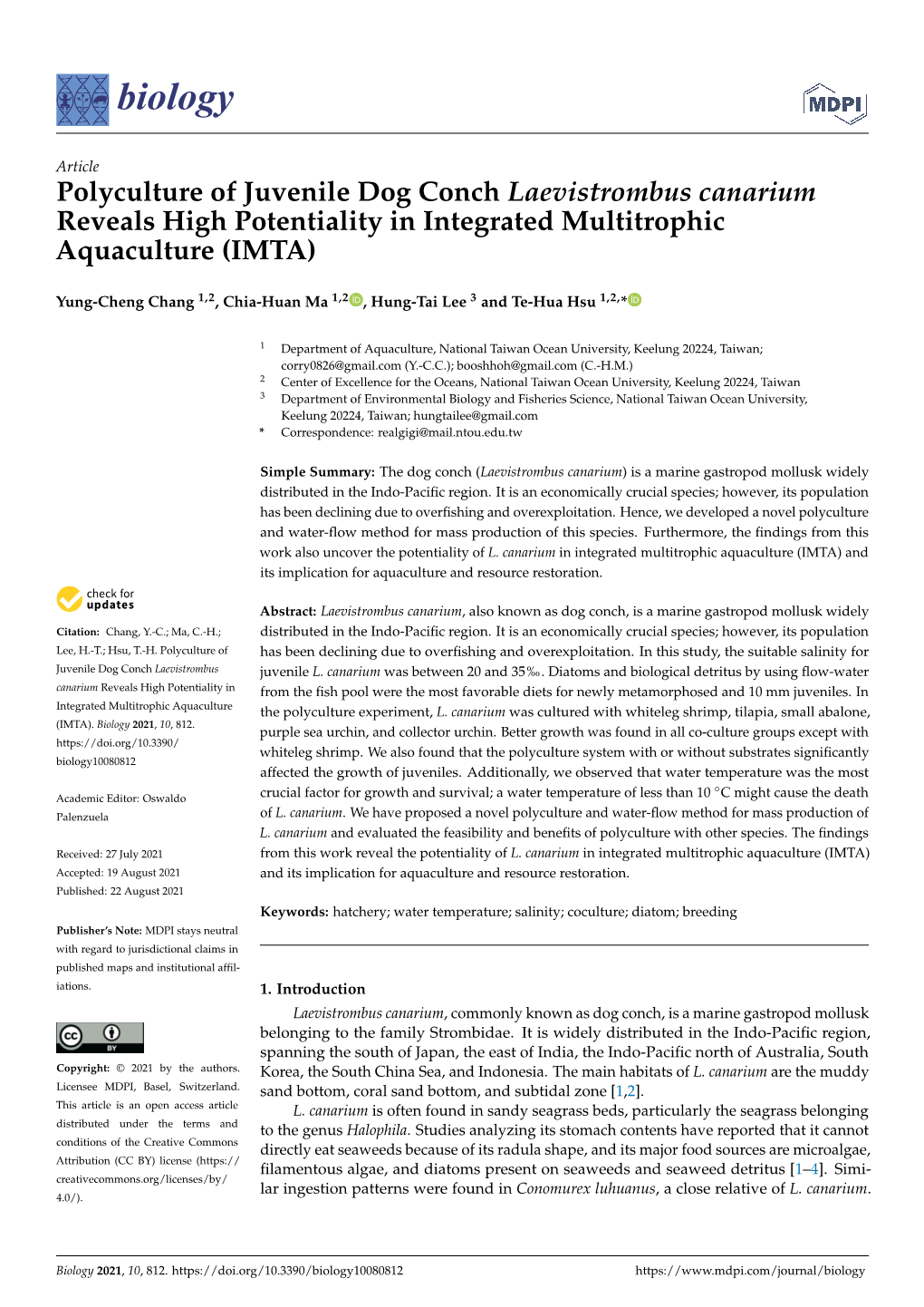 Polyculture of Juvenile Dog Conch Laevistrombus Canarium Reveals High Potentiality in Integrated Multitrophic Aquaculture (IMTA)