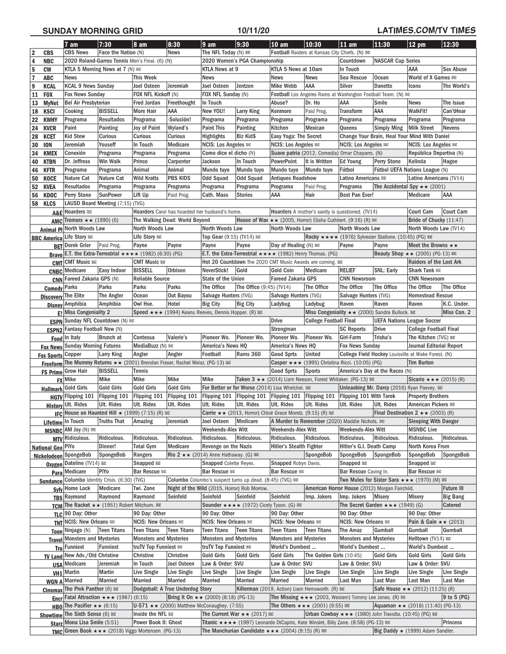 Sunday Morning Grid 10/11/20 Latimes.Com/Tv Times