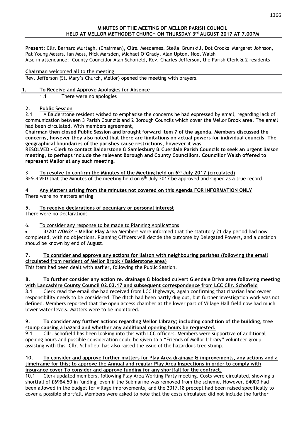 MINUTES of the MEETING of MELLOR PARISH COUNCIL HELD at MELLOR METHODIST CHURCH on THURSDAY 3Rd AUGUST 2017 at 7.00PM