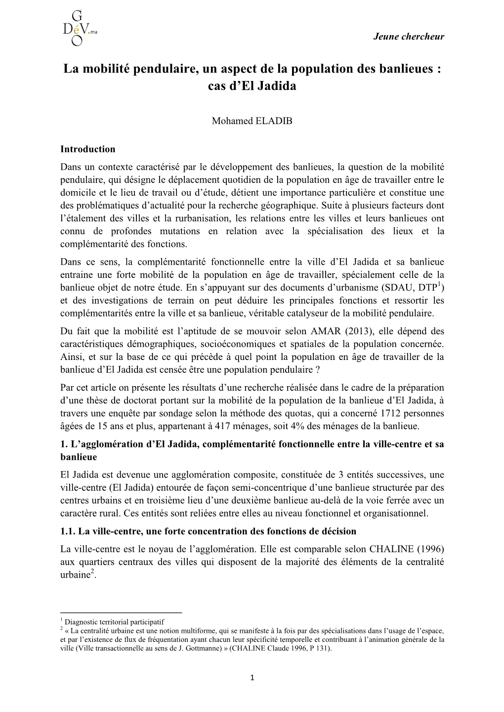 La Mobilité Pendulaire, Un Aspect De La Population Des Banlieues : Cas D'el Jadida