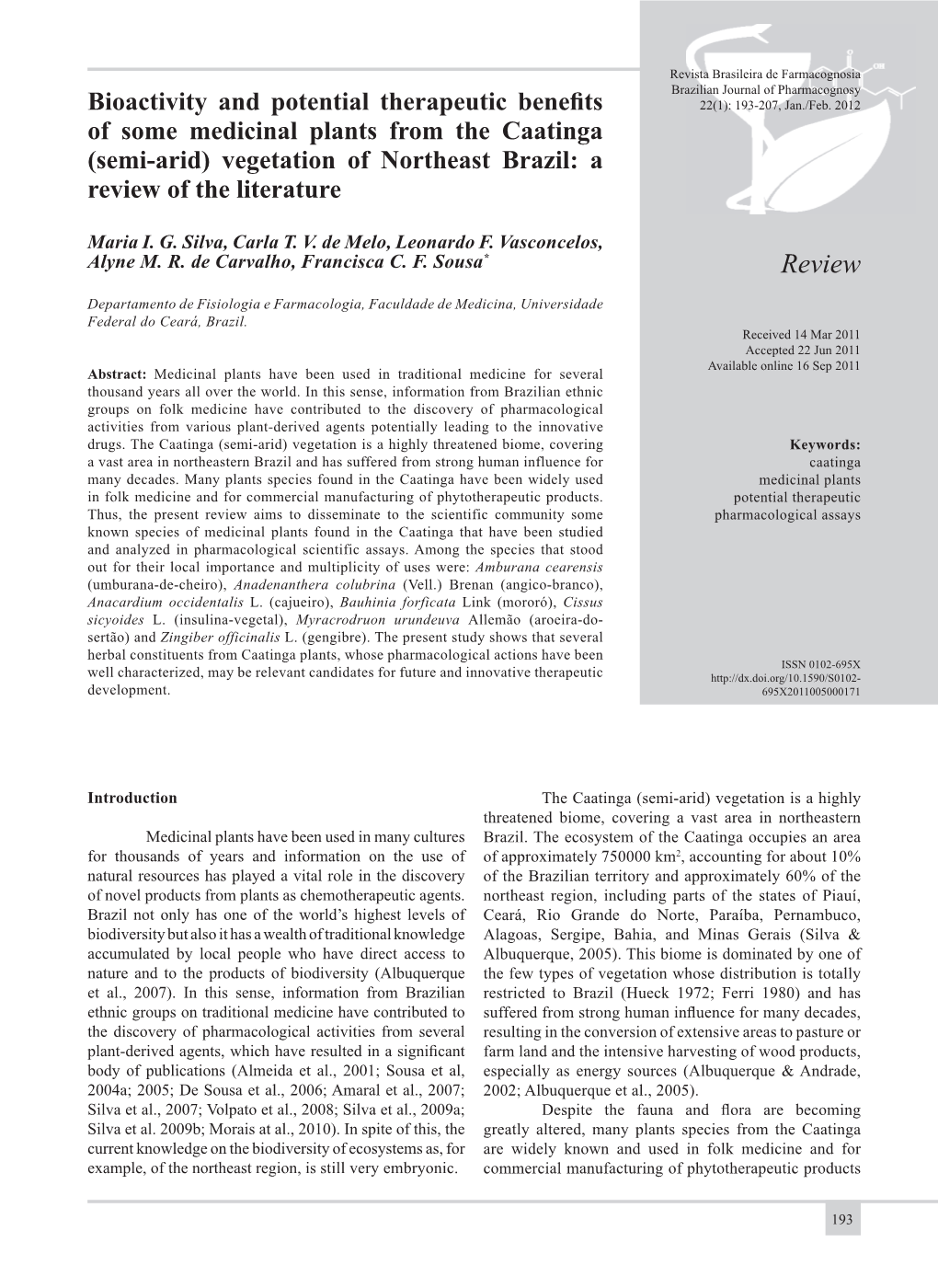 Bioactivity and Potential Therapeutic Benefits of Some Medicinal Plants from the Caatinga (Semi-Arid) Vegetation of Northeast Brazil: a Review of the Maria I