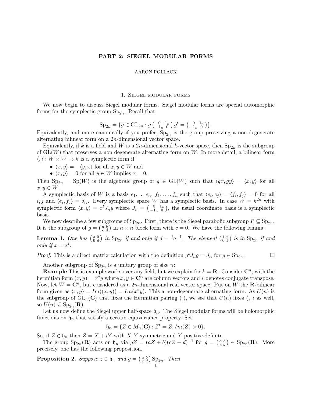 PART 2: SIEGEL MODULAR FORMS 1. Siegel Modular