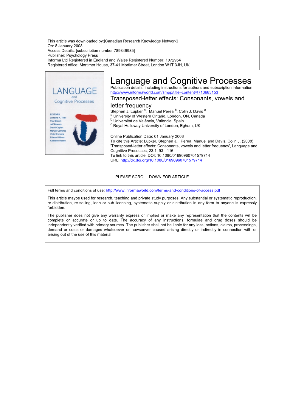 Consonants, Vowels and Letter Frequency Stephen J