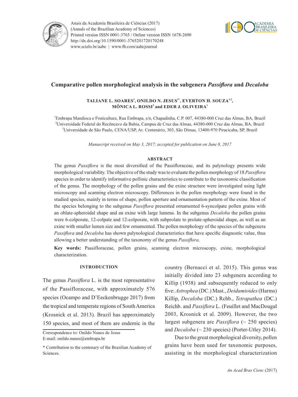 Comparative Pollen Morphological Analysis in the Subgenera Passifloraand Decaloba