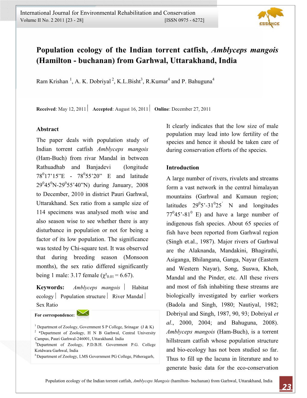 Population Ecology of the Indian Torrent Catfish, Amblyceps Mangois (Hamilton - Buchanan) from Garhwal, Uttarakhand, India