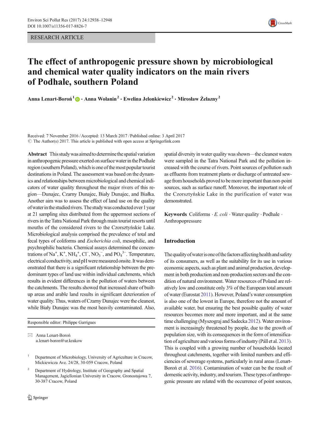 The Effect of Anthropogenic Pressure Shown by Microbiological and Chemical Water Quality Indicators on the Main Rivers of Podhale, Southern Poland