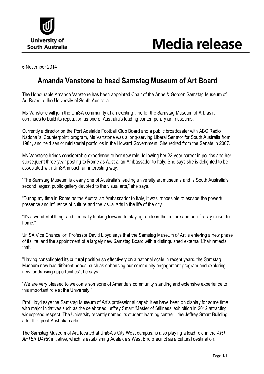 Amanda Vanstone to Head Samstag Museum of Art Board