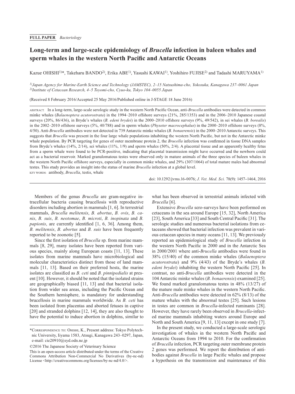 Long-Term and Large-Scale Epidemiology of Brucella Infection in Baleen Whales and Sperm Whales in the Western North Pacific and Antarctic Oceans