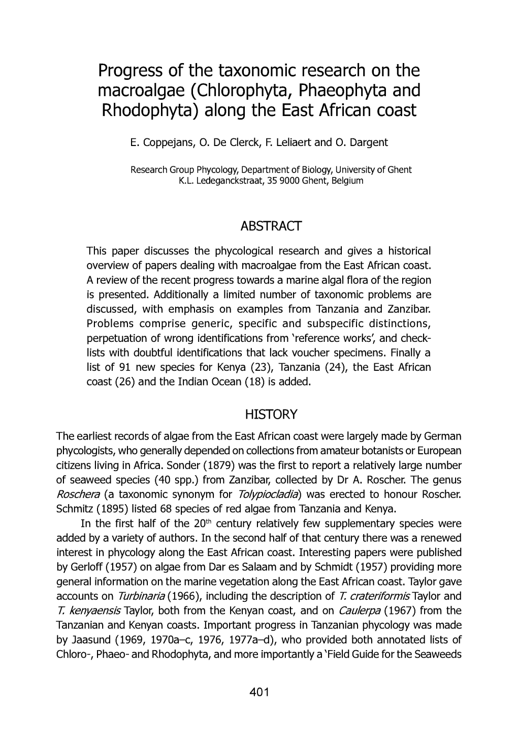 Progress of the Taxonomic Research on the Macroalgae (Chlorophyta, Phaeophyta and Rhodophyta) Along the East African Coast