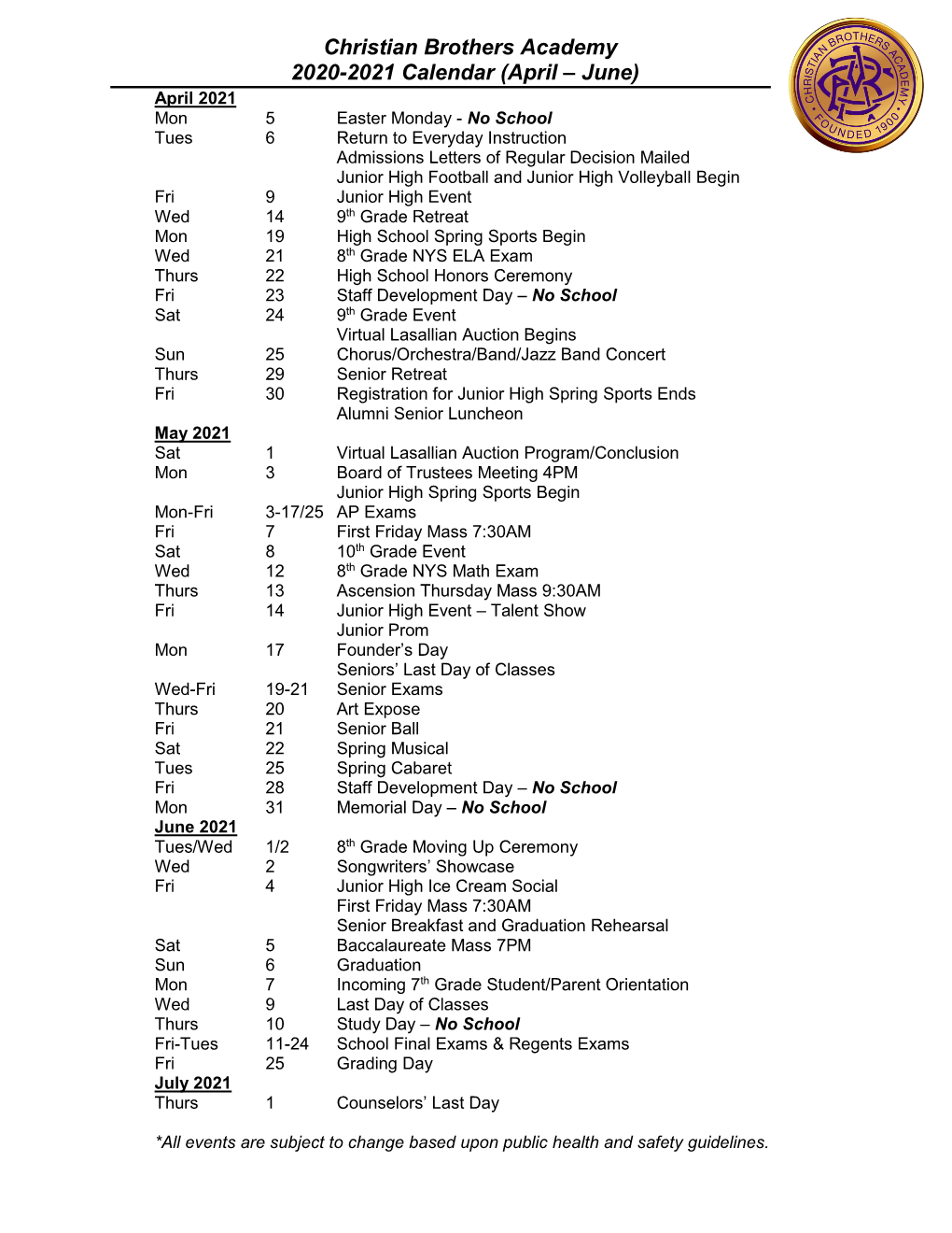 Christian Brothers Academy 2020-2021 Calendar (April – June)
