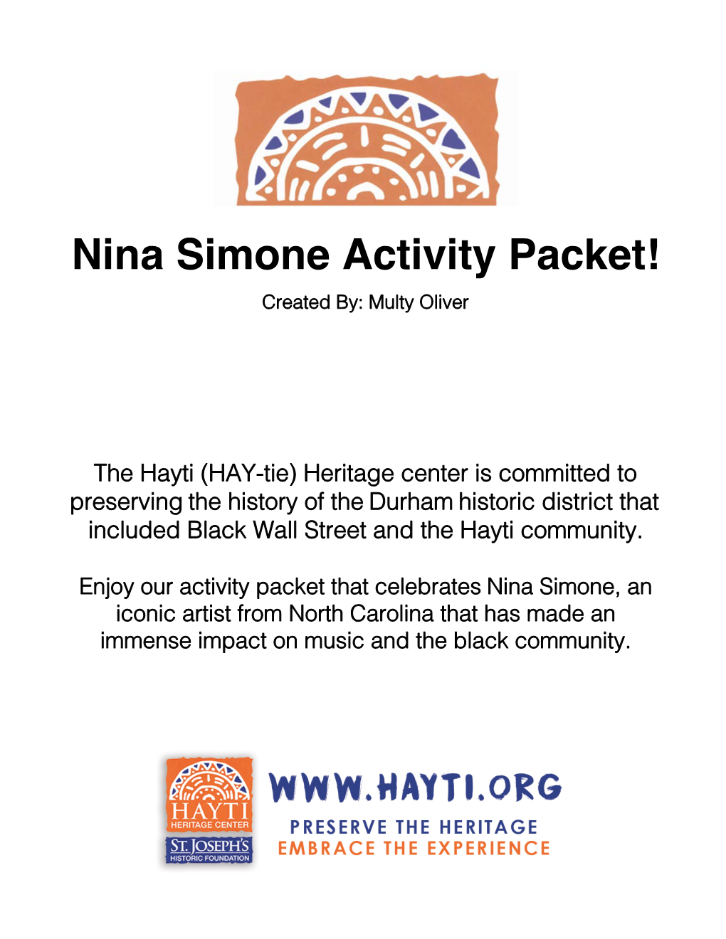 Nina Simone Activity Packet! Created By: Multy Oliver