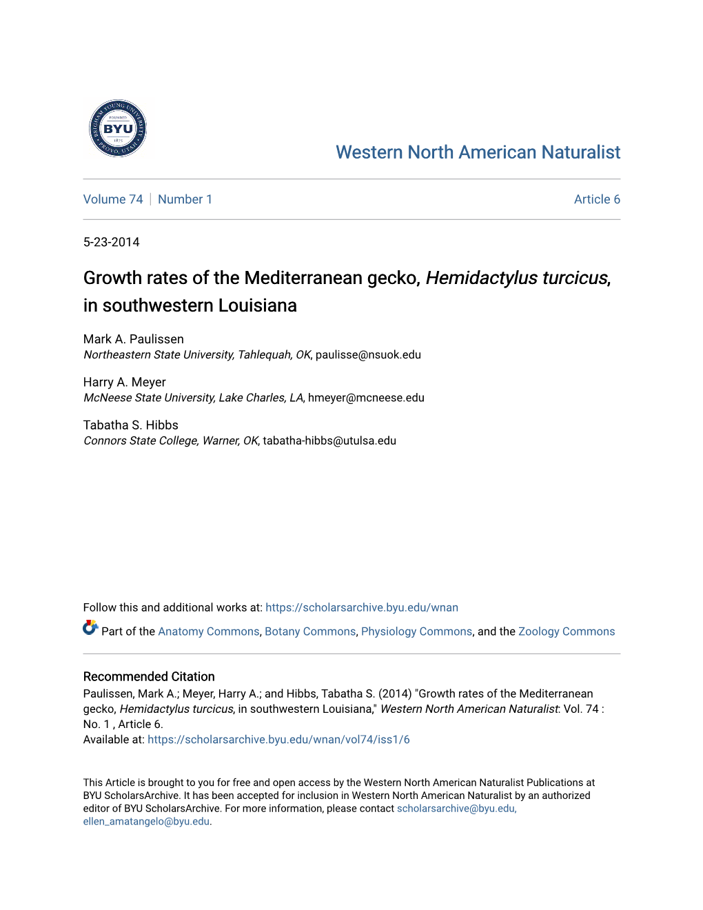 Growth Rates of the Mediterranean Gecko, Hemidactylus Turcicus, in Southwestern Louisiana