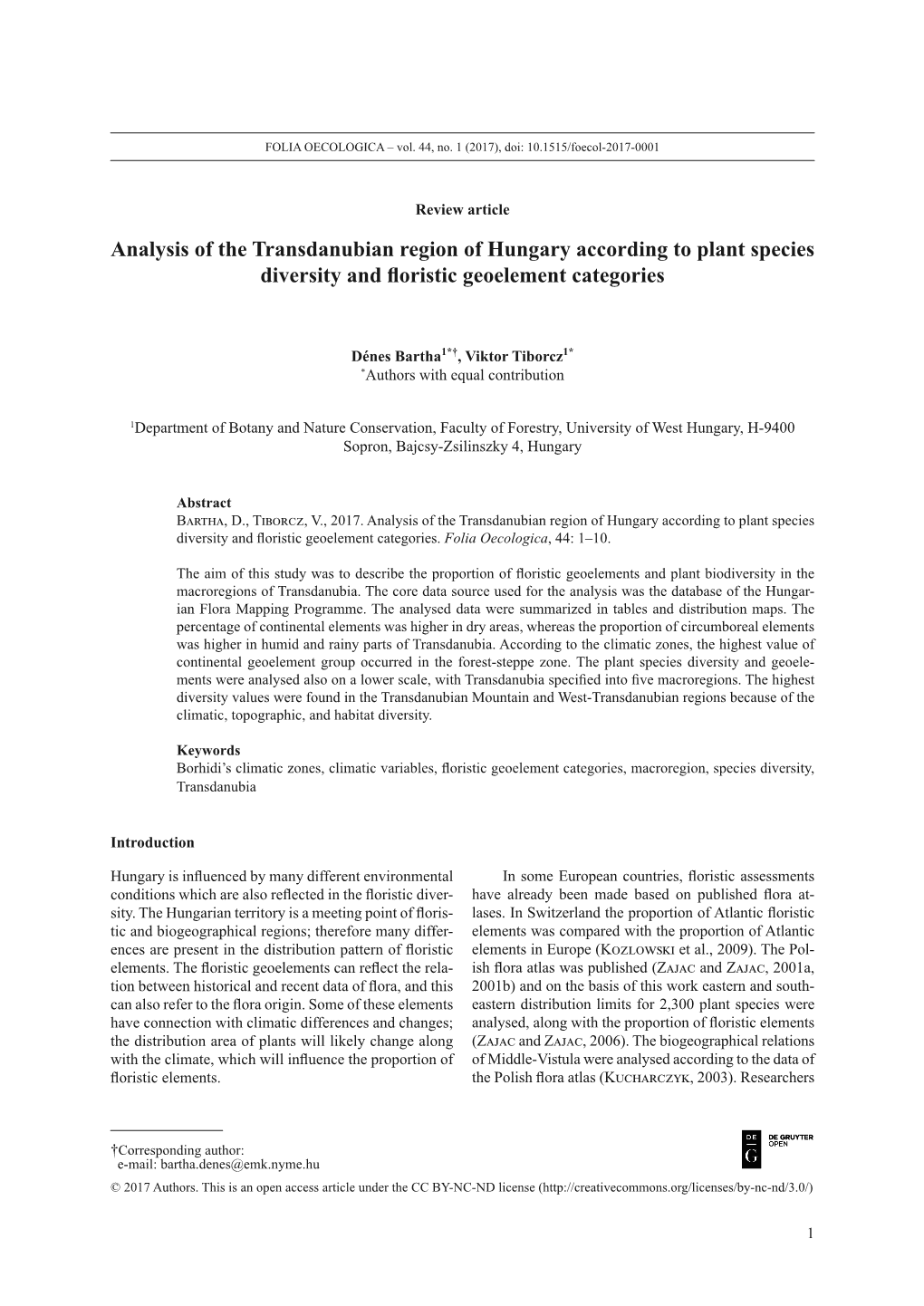 Analysis of the Transdanubian Region of Hungary According to Plant Species Diversity and Floristic Geoelement Categories