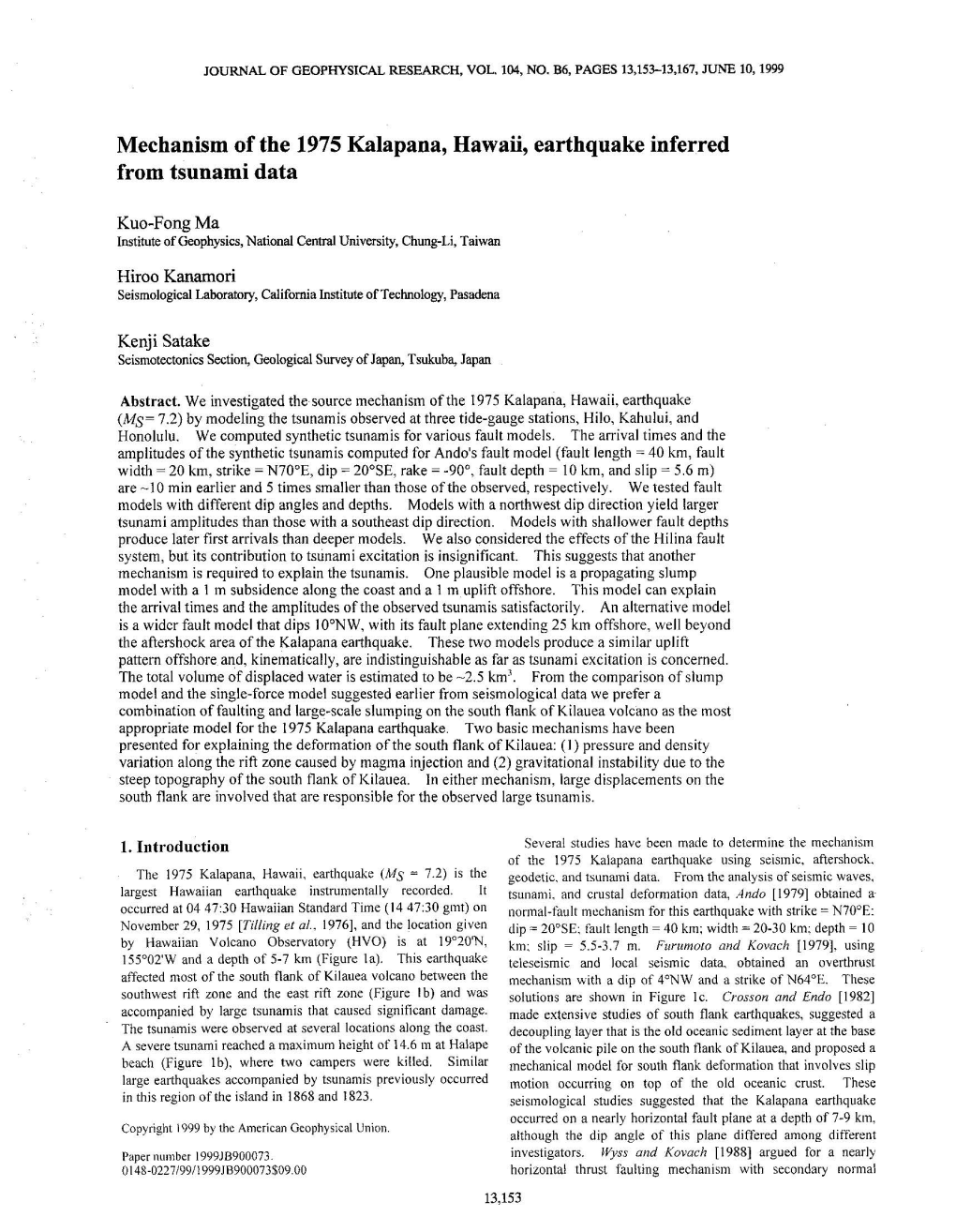 Mechanism of the 1975 Kalapana, Hawaii, Earthquake Inferred from Tsunami Data