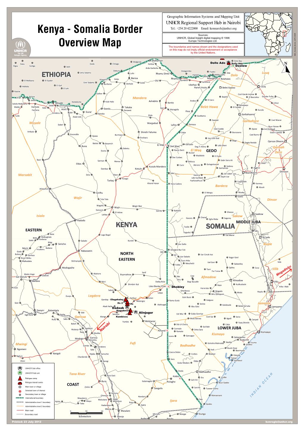 Kenya - Somalia Border Tel.: +254 20 4222000 Email: Kennarsh@Unhcr.Org Sources: UNHCR, Global Insight Digital Mapping © 1998 Europa Technologies Ltd