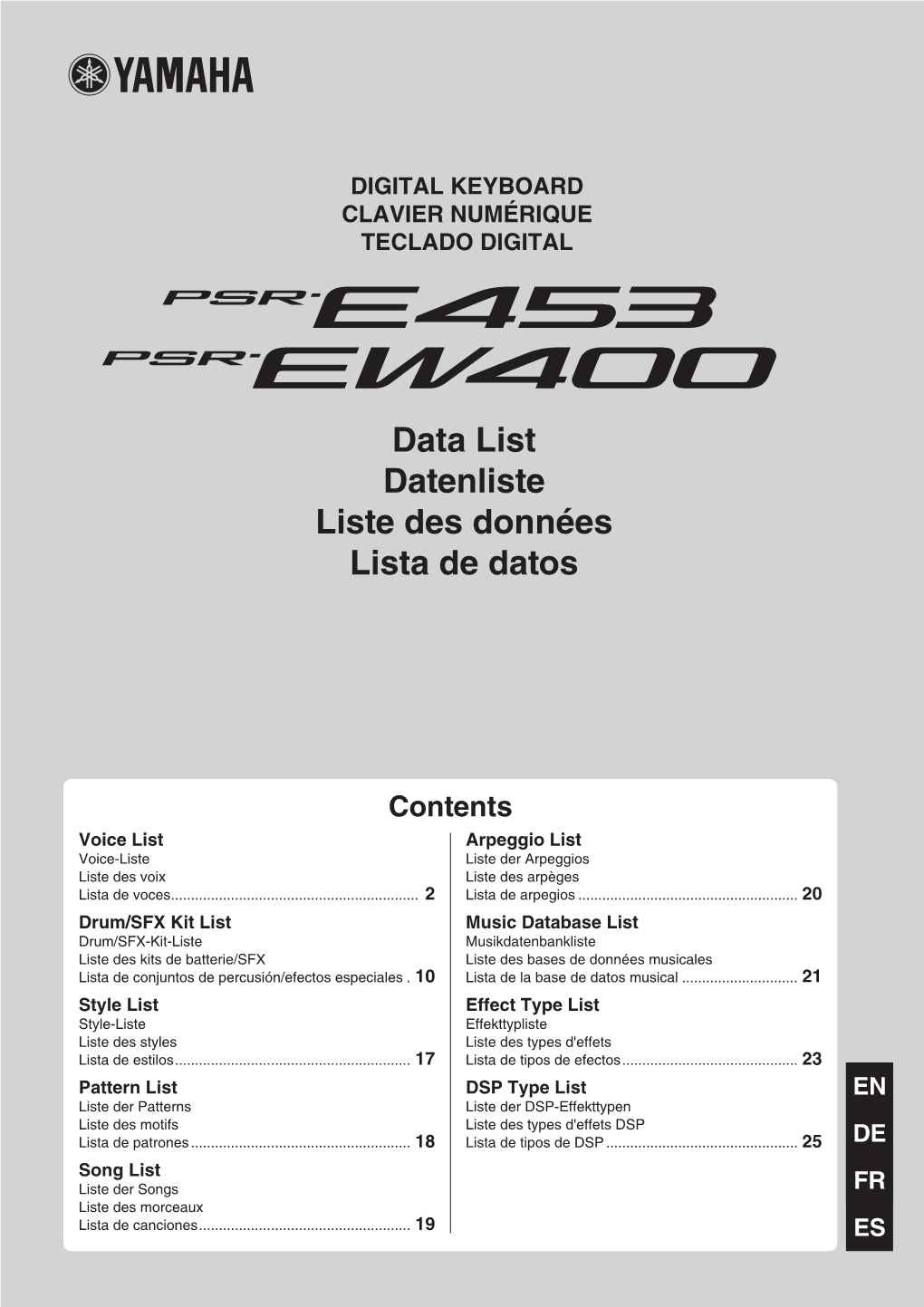 PSR-E453/PSR-EW400 Data List/Datenliste/Liste Des Données/Lista De Datos Psre453 Ew400 Dl En.Book Page 3 Sunday, January 17, 2016 12:58 PM