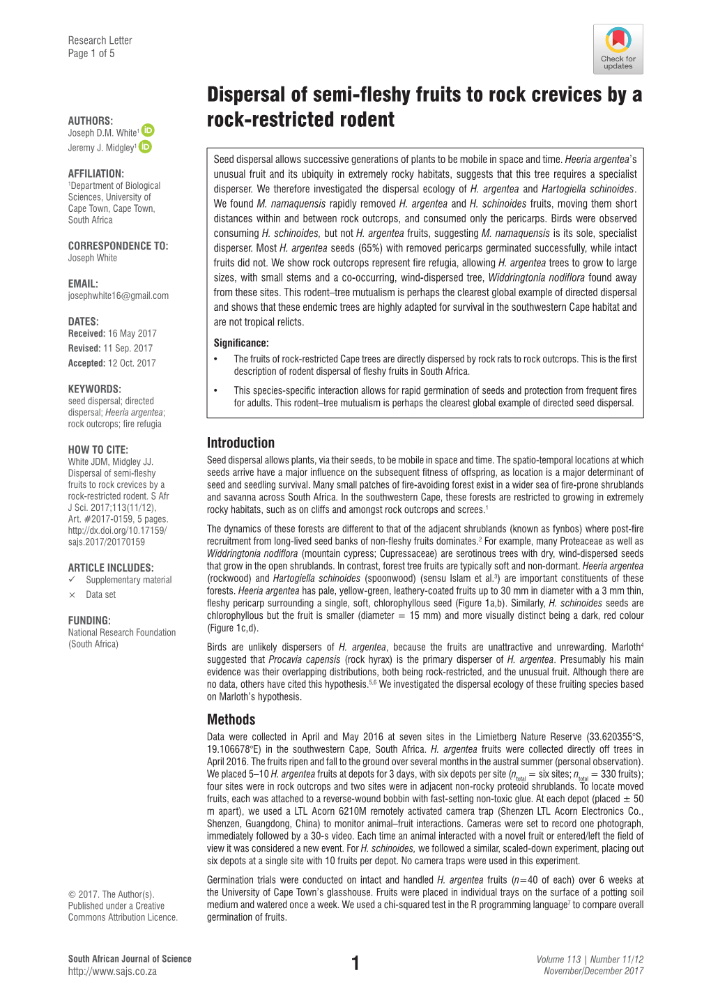 Dispersal of Semi-Fleshy Fruits to Rock Crevices by a Rock-Restricted Rodent