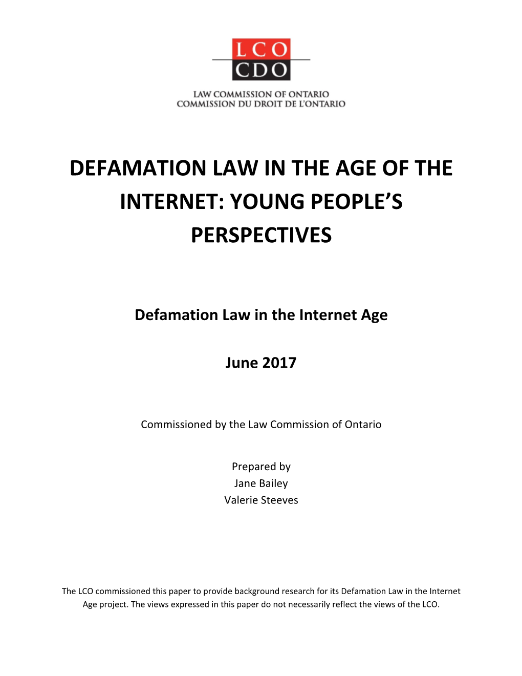 Defamation Law in the Age of the Internet: Young People’S Perspectives