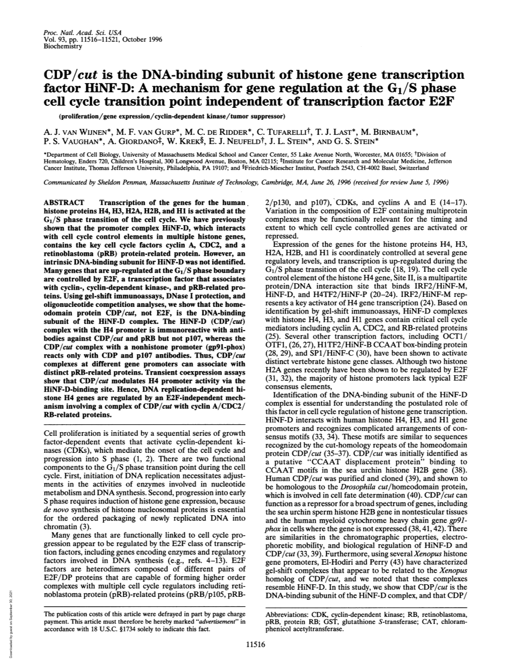 CDP/Cut Is the DNA-Binding Subunit of Histone Gene Transcription Cell