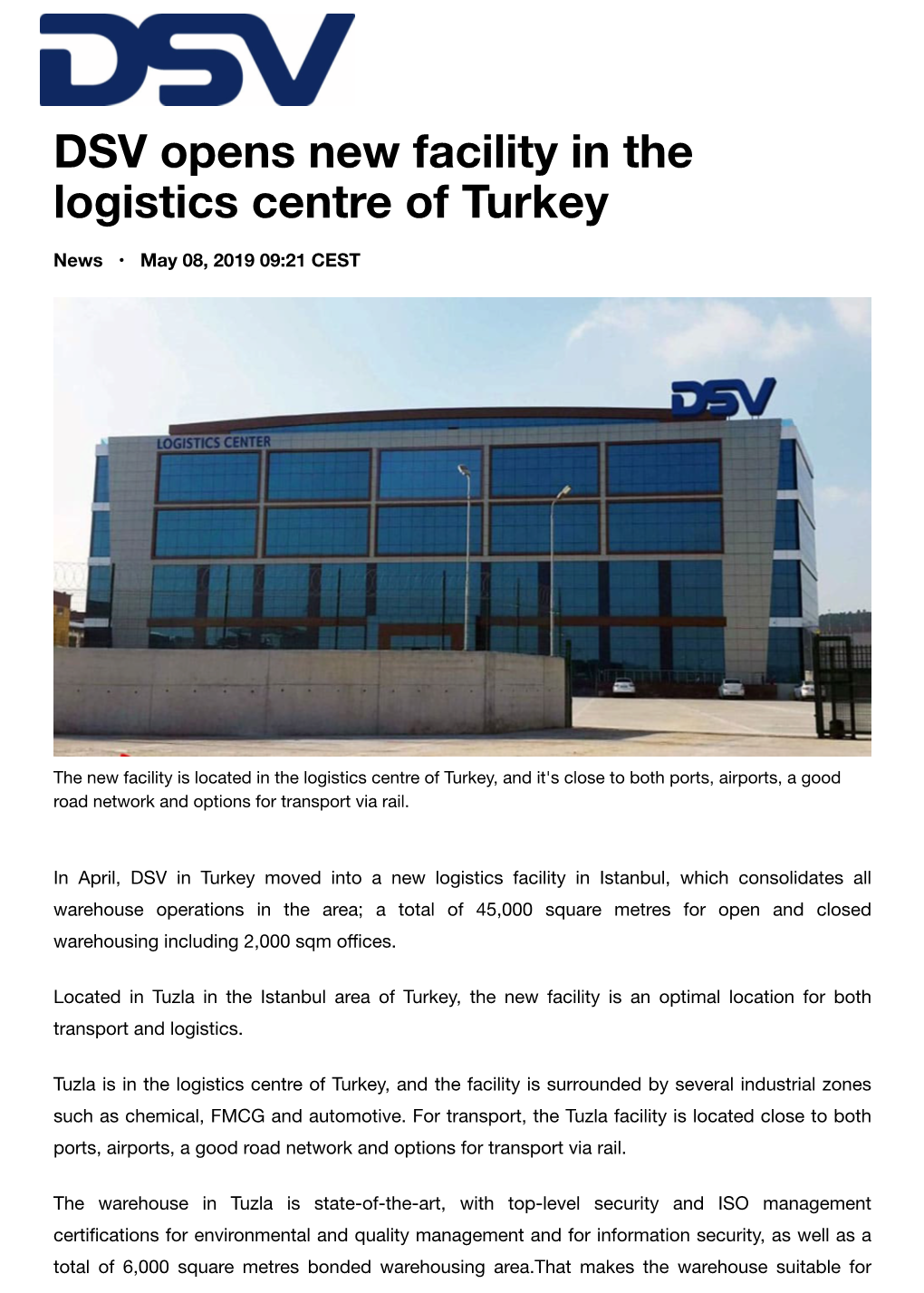 DSV Opens New Facility in the Logistics Centre of Turkey