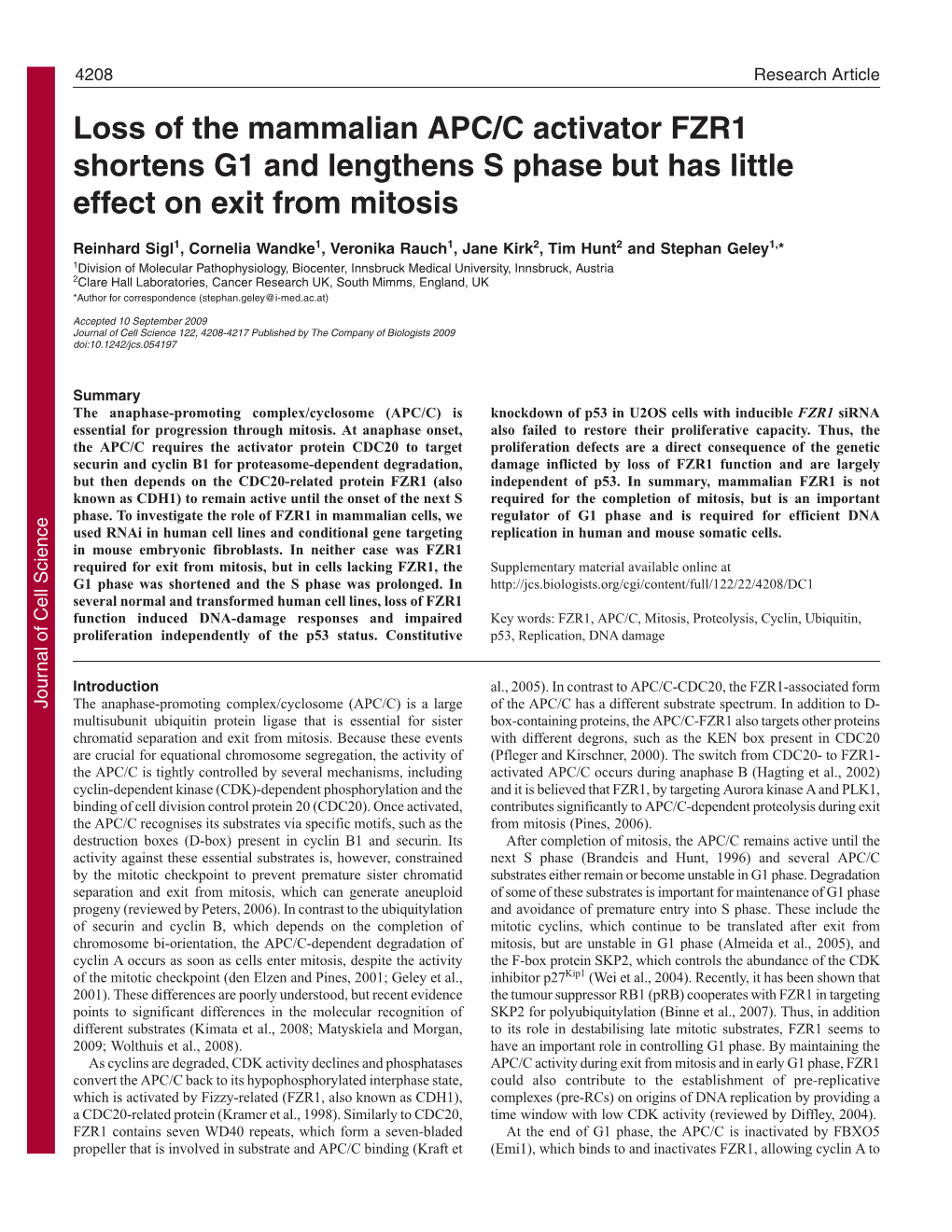 Loss of the Mammalian APC/C Activator FZR1 Shortens G1 and Lengthens S Phase but Has Little Effect on Exit from Mitosis