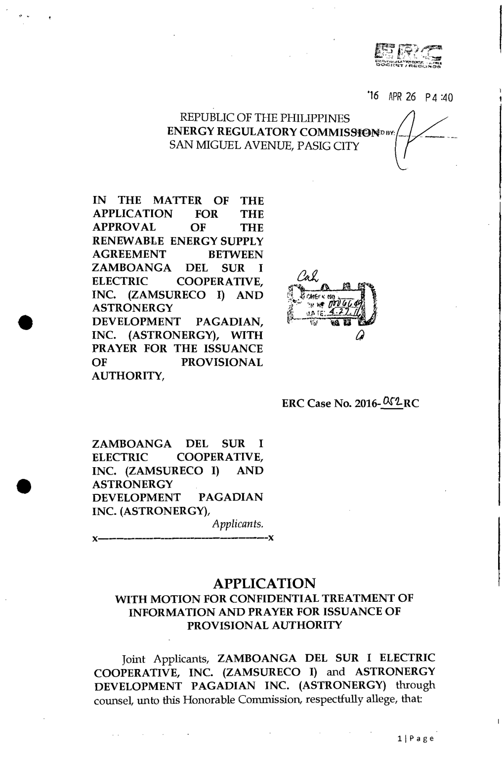 Application for the Approval of the Renewable Energy Supply Agreement Between Zamboanga Del Sur I Electric Cooperative, Inc