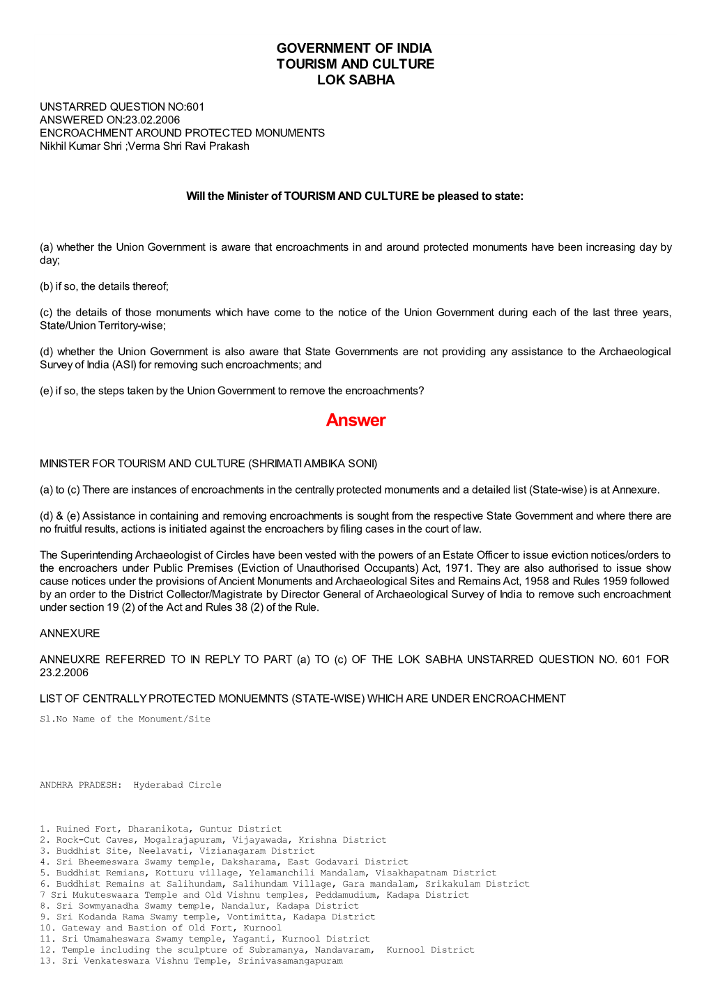ANSWERED ON:23.02.2006 ENCROACHMENT AROUND PROTECTED MONUMENTS Nikhil Kumar Shri ;Verma Shri Ravi Prakash