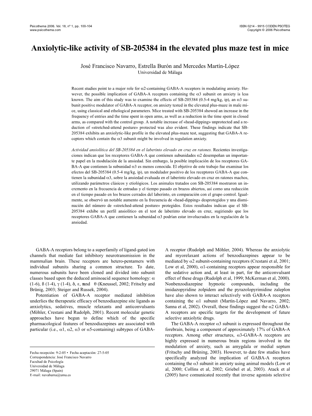 Anxiolytic-Like Activity of SB-205384 in the Elevated Plus Maze Test in Mice