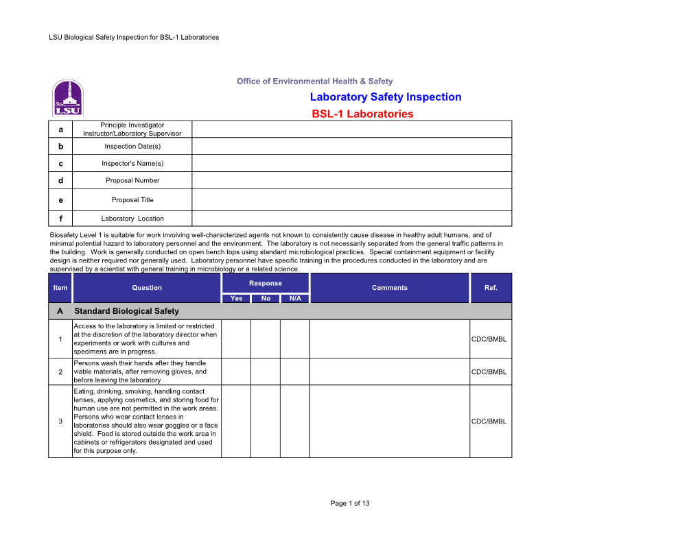 BSL-1 Laboratories Laboratory Safety Inspection