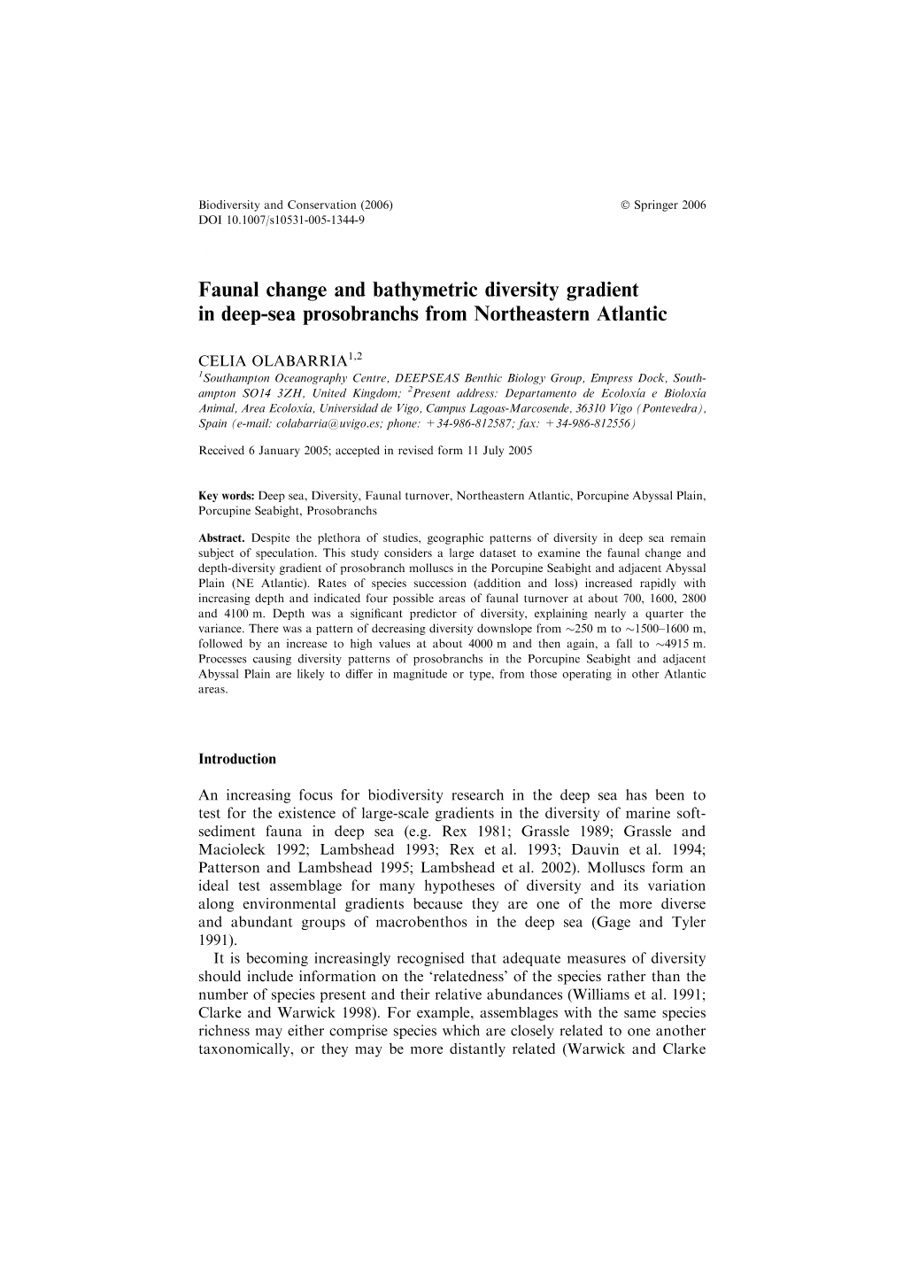 Faunal Change and Bathymetric Diversity Gradient in Deep-Sea Prosobranchs from Northeastern Atlantic