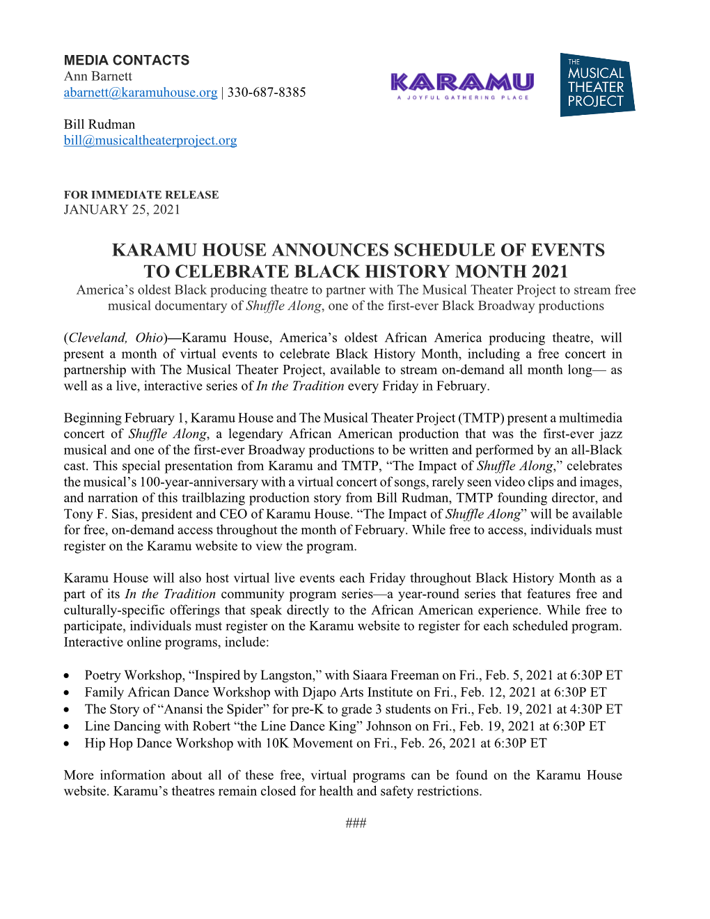 Karamu House Announces Schedule of Events To