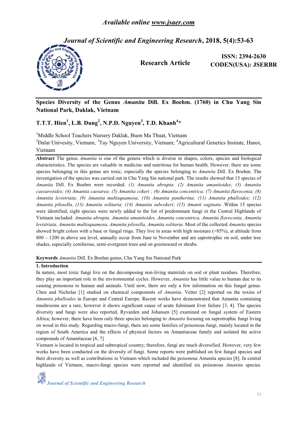 Species Diversity of the Genus Amanita Dill. Ex Boehm. (1760) in Chu Yang Sin National Park, Daklak, Vietnam