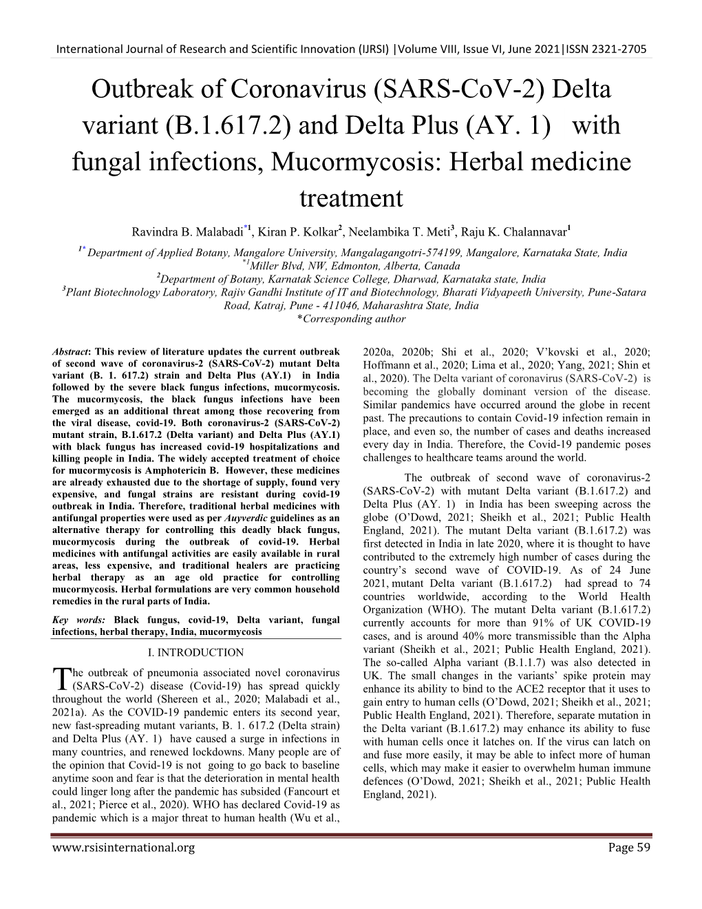 Outbreak of Coronavirus (SARS-Cov-2) Delta Variant (B.1.617.2) and Delta Plus (AY
