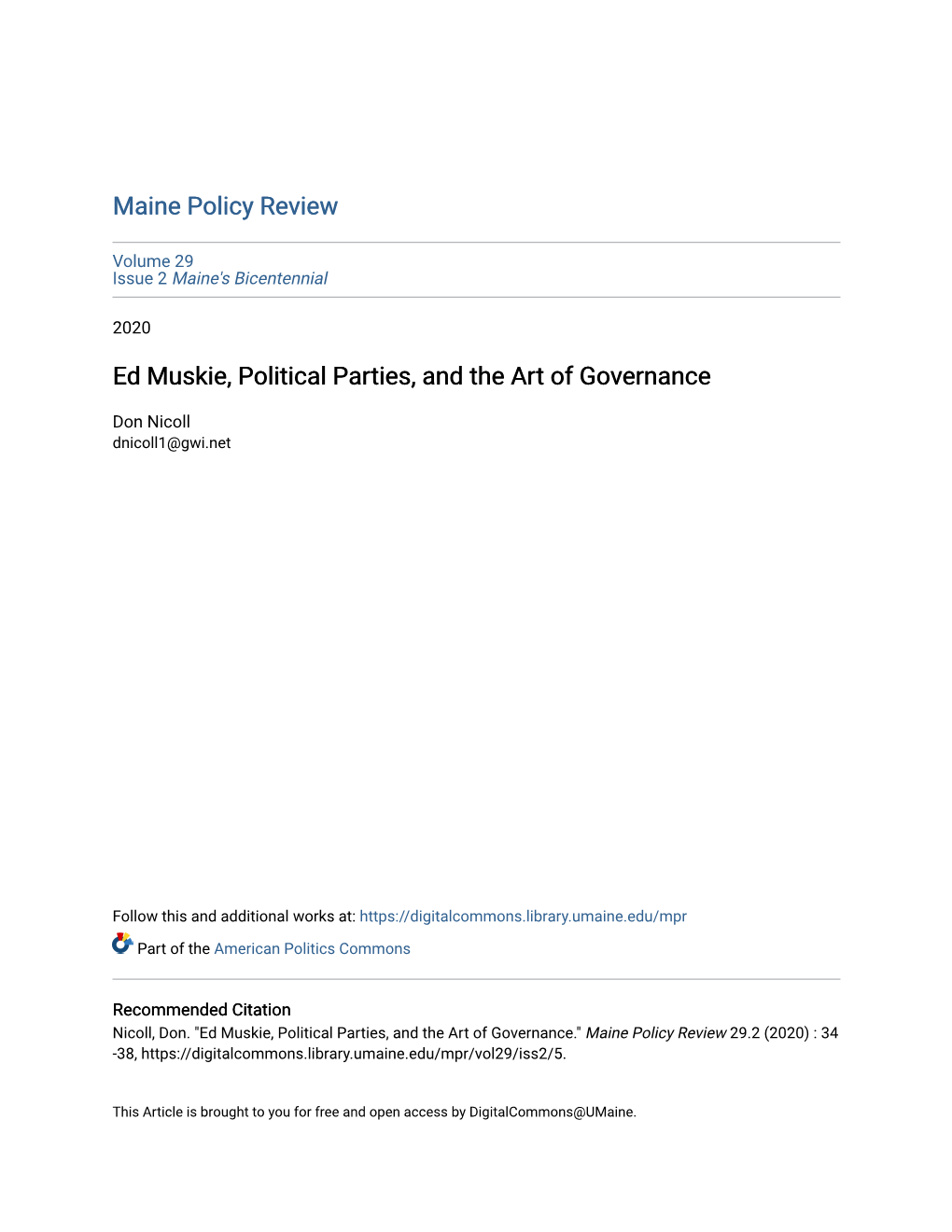 Ed Muskie, Political Parties, and the Art of Governance