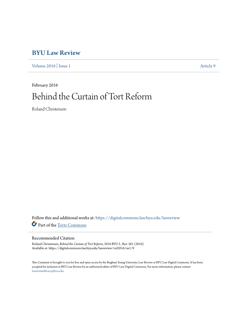 Behind the Curtain of Tort Reform Roland Christensen