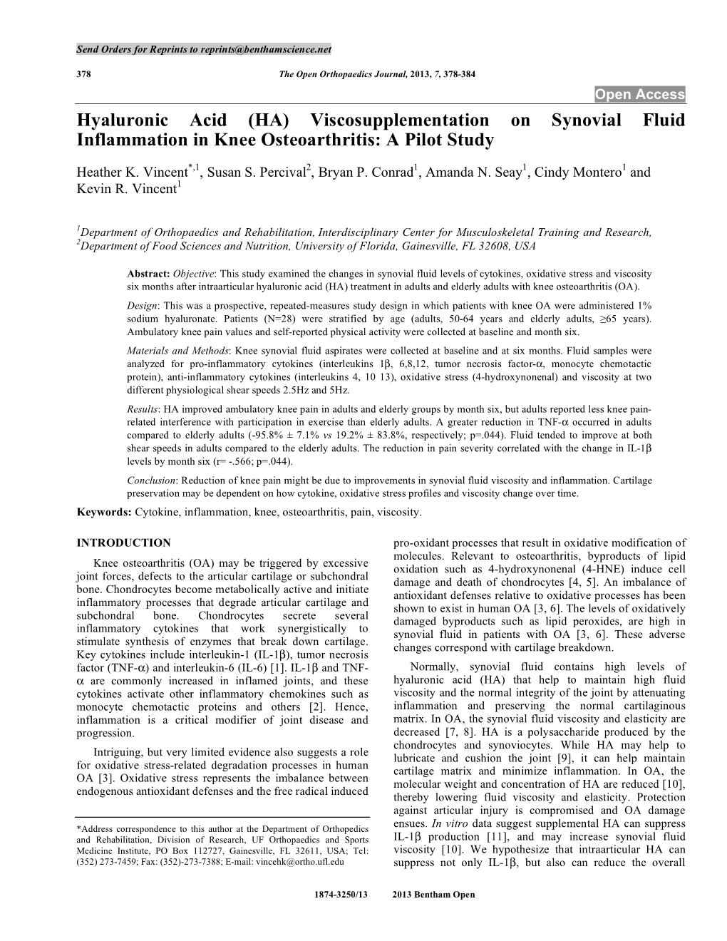 (HA) Viscosupplementation on Synovial Fluid Inflammation in Knee Osteoarthritis: a Pilot Study