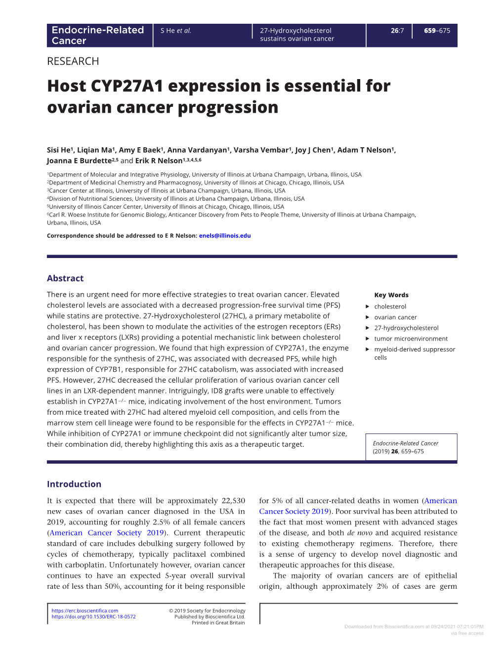 Host CYP27A1 Expression Is Essential for Ovarian Cancer Progression