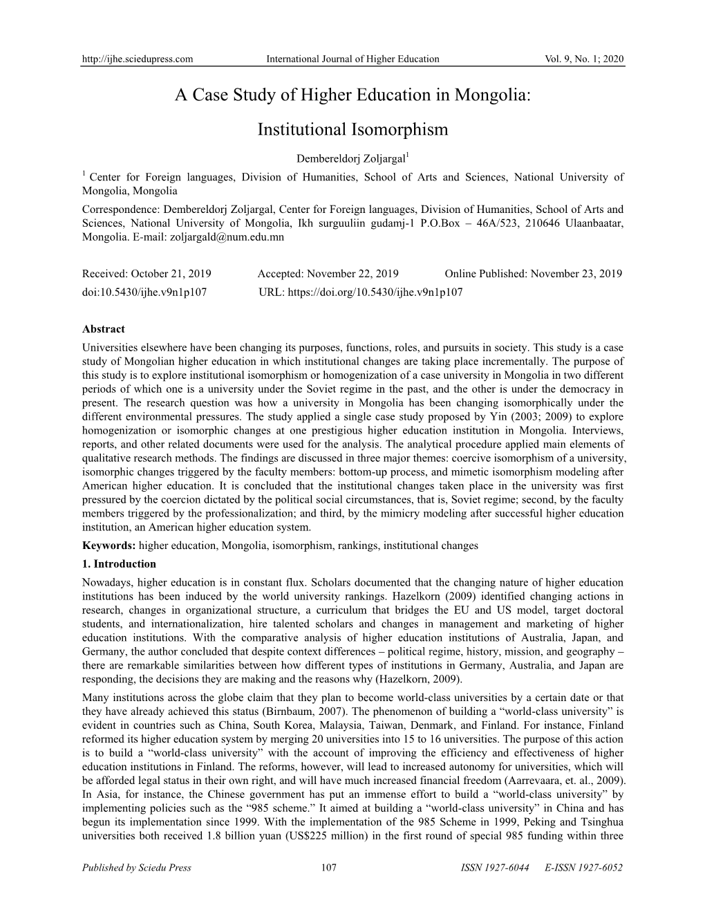 A Case Study of Higher Education in Mongolia: Institutional Isomorphism