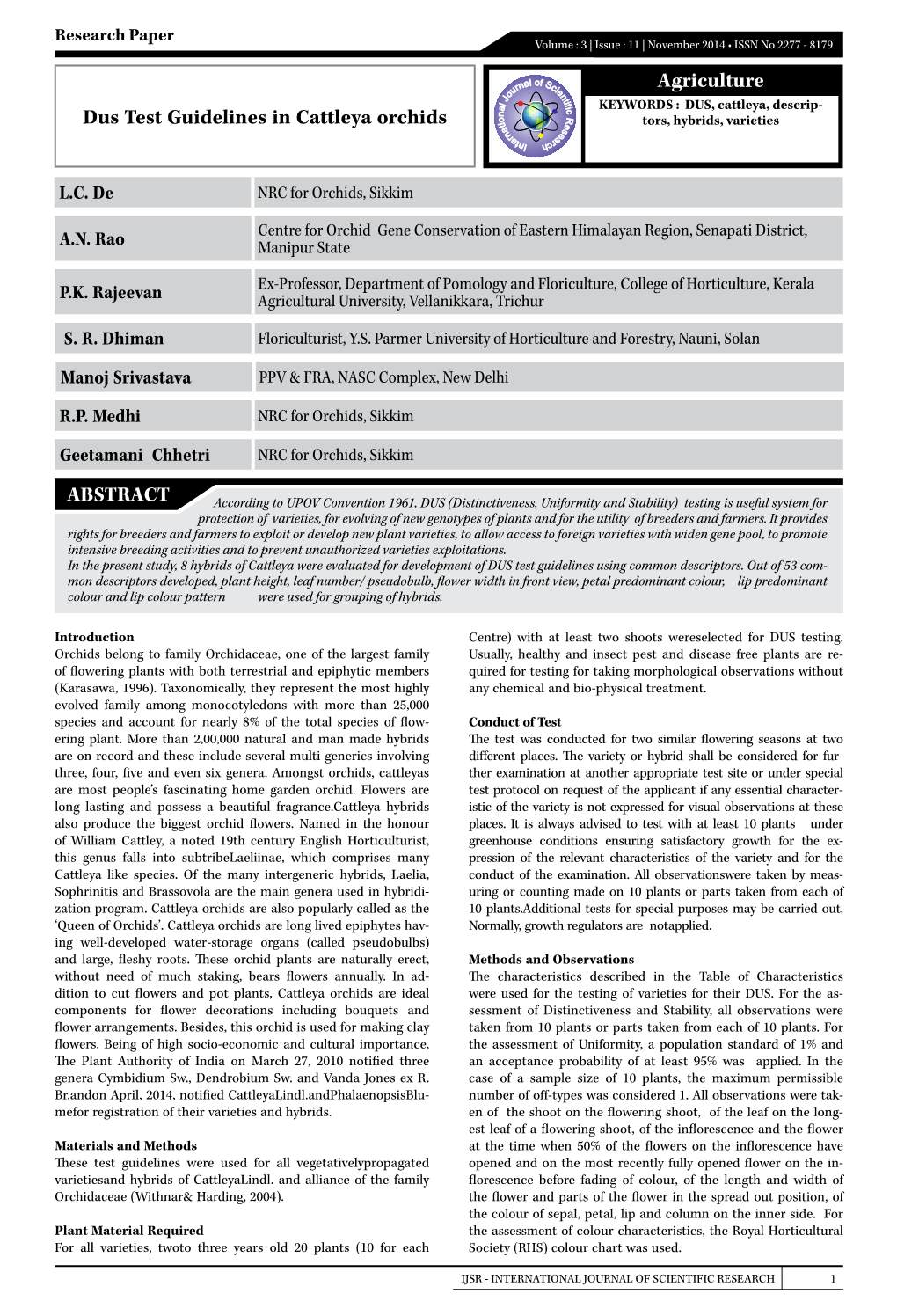 Agriculture Dus Test Guidelines in Cattleya Orchids ABSTRACT