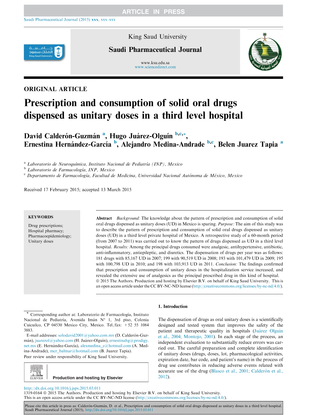 Prescription and Consumption of Solid Oral Drugs Dispensed As Unitary Doses in a Third Level Hospital