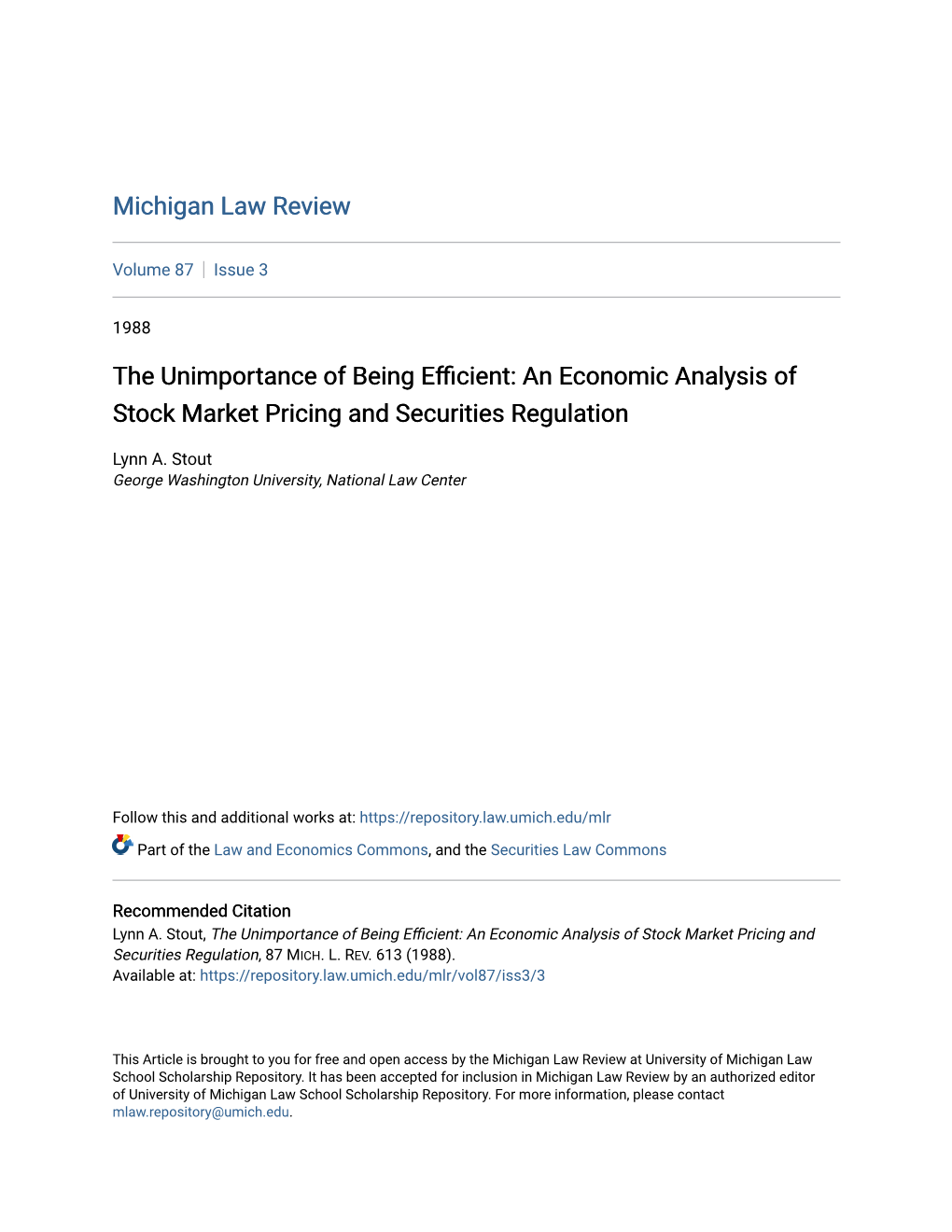 AN ECONOMIC ANALYSIS of STOCK MARKET PRICING and SECURITIES Regulationt