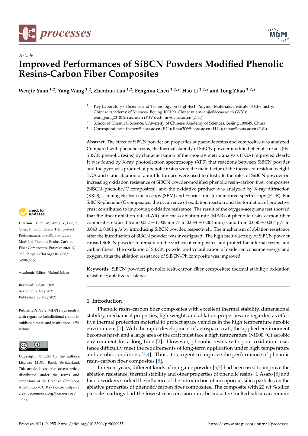 Improved Performances of Sibcn Powders Modified Phenolic Resins-Carbon Fiber Composites